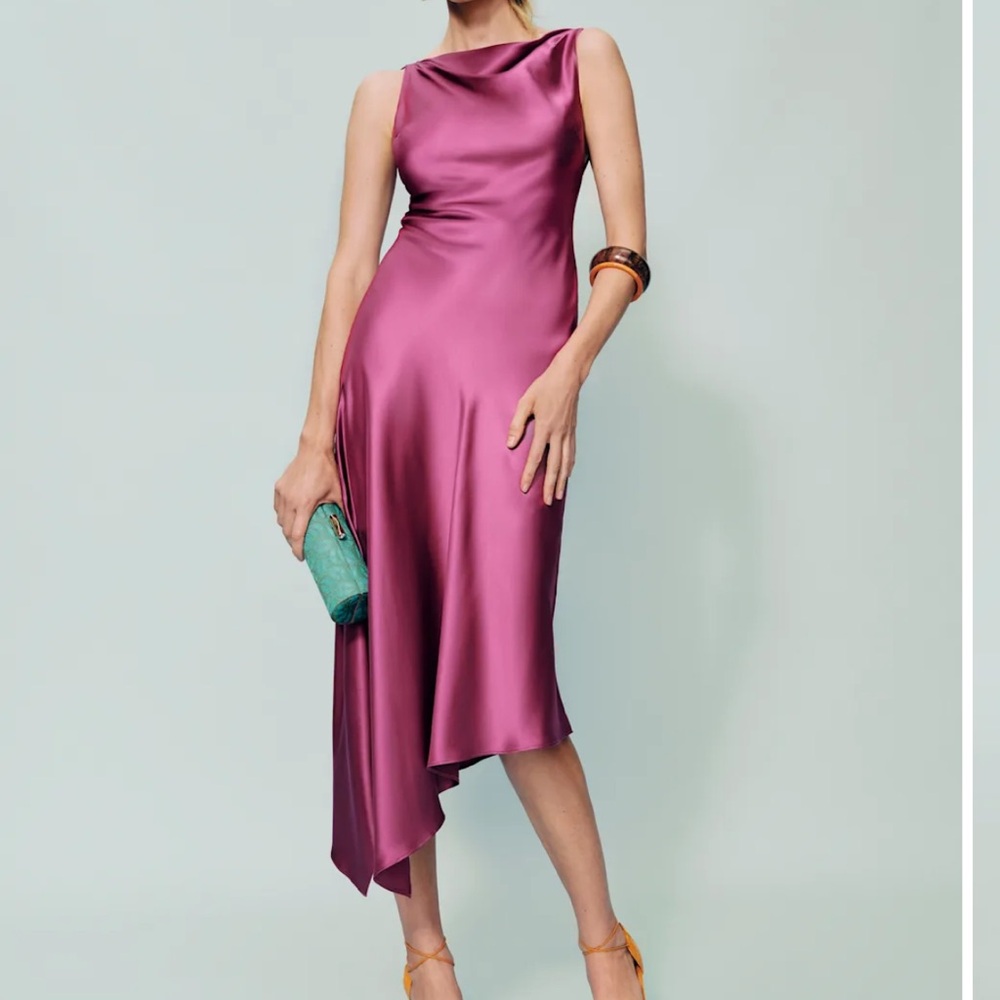 Reformation Asymmetrical Satin Dress in Rich Purple